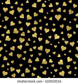 Black and gold  pattern. Abstract sparkle modern background with golden hearts. Vector illustration.  Romantic shiny backdrop. Texture of gold foil. Art deco style. Shimmer confetti. Symbol of love.