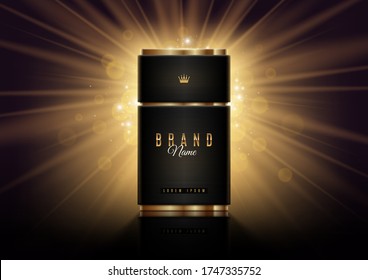 Black and gold perfume bottle template on a shinning light background. Premium design perfume. Vector illustration. svg