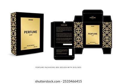 The black and gold perfume package design exudes a blend of luxury sophistication and modernism - includes dielines and preview mockup