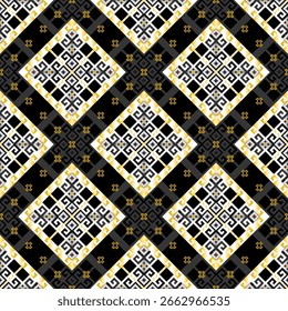 Black and Gold Pixel Greek Pattern. Seamless digital embroidery with ethnic diamond and meander motifs. Ideal for textiles, apparel and decor.