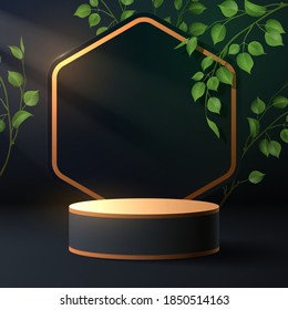 Black and gold podium with green branch decoration