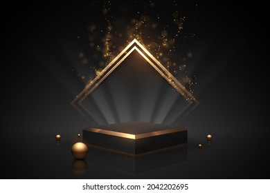 Black and gold podium with light effect - Shutterstock ID 2042202695
