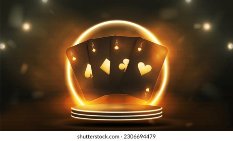 Black and gold poker cards on the podium with a neon round arch. A concept for a casino on a dark background.