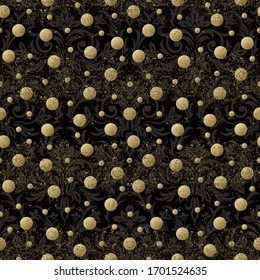 Black and gold Polka Dot Fabric Background.