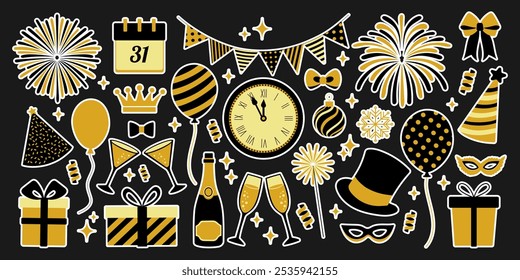 A black and gold poster with a variety of party decorations including balloons, a clock, and a mask