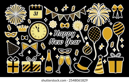 A black and gold poster with a variety of symbols and decorations, including a clock, balloons, and a crown. The poster reads "Happy New Year" and is meant to celebrate the start of the new year