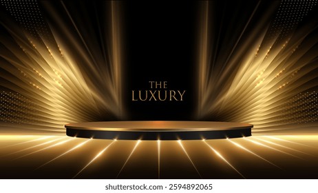 Black and Gold Premium Award Background. Innovative Stage Premium Luxury Template. Cool Concept Design. Glorious Celebratory Template for Movie and Show. Luxurious Wedding Design. Gala Night.