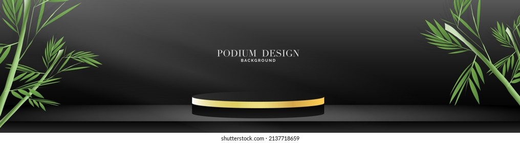 Black and Gold Product display with black podiums and bamboo leaves and tropical on black background fresh mind , illustration 3d Vector EPS 10