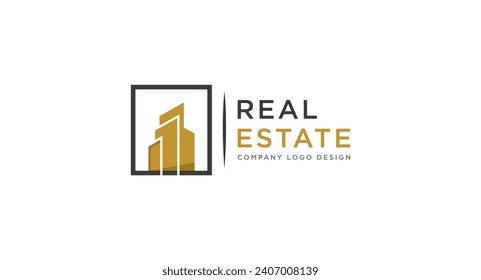 Black and Gold Real Estate Logo Image on White Background. Flat Vector Logo Design Template Element for Construction Architecture Building Logos.