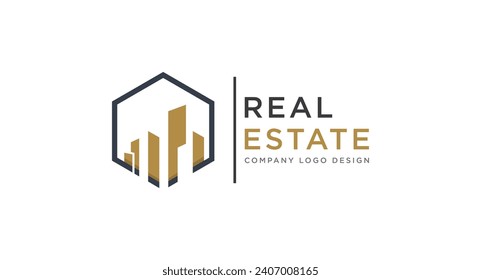 Black and Gold Real Estate Logo Image on White Background. Flat Vector Logo Design Template Element for Construction Architecture Building Logos.