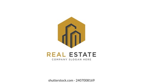 Black and Gold Real Estate Logo Image on White Background. Flat Vector Logo Design Template Element for Construction Architecture Building Logos.