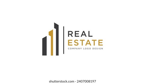 Black and Gold Real Estate Logo Image on White Background. Flat Vector Logo Design Template Element for Construction Architecture Building Logos.