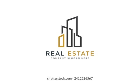 Black and Gold Real Estate Logo Design. Flat Vector Logo Design Template Element for Construction Architecture Building Logos.