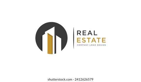 Black and Gold Real Estate Logo Design. Flat Vector Logo Design Template Element for Construction Architecture Building Logos.