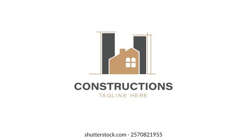 Black and Gold Real Estate Logo Image on White Background. The logo features a stylized image of a house nestled between two vertical lines, Construction Heights, Architectural Designs 