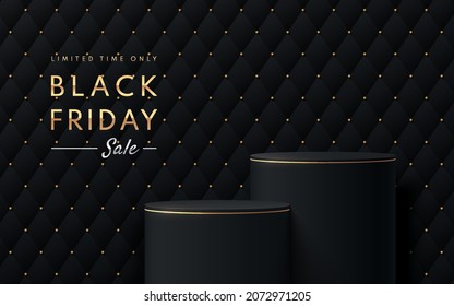 Black and Gold realistic 3D cylinder pedestal podium set with rhombus texture and golden dots. Vector abstract studio room. Black friday sale minimal scene for products showcase, Promotion display.