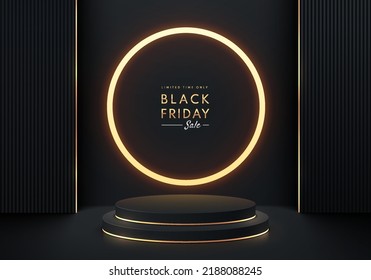 Black, gold realistic 3D cylinder pedestal podium with illuminate circle golden neon. Vector abstract with geometric forms. Black friday minimal scene for mockup  products showcase, Promotion display.