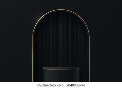 Black, Gold realistic cylinder pedestal podium with curtain in arch shape window. Vector abstract studio room with 3D geometric platform. Luxury minimal scene for products showcase, Promotion display.