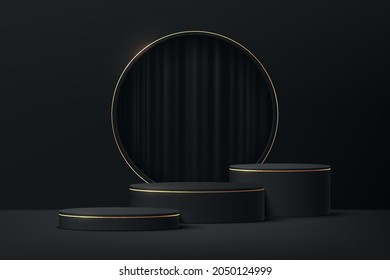 Black, Gold realistic cylinder pedestal podium set with curtain in circle window. Vector abstract studio room with 3D geometric platform. Luxury minimal scene for products showcase, Promotion display.
