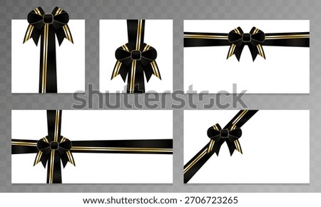 Black and gold ribbon bow set on checkered background. Luxury gift decoration elements for festive packaging, greeting cards, invitations, and graphic design projects