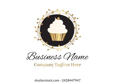 Black and Gold Round Cupcake Logo or Muffin Icon for Bakery