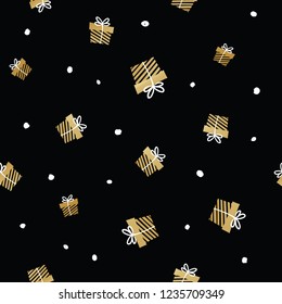 Black And Gold Seamless Gift Pattern. Giveaway Holidays Repeated Pattern, Present Boxes Illustration. Print For Fabric, Textile, Wrapping Paper 