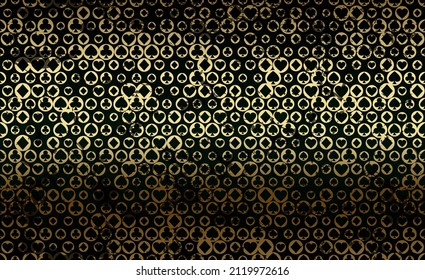 Black and gold seamless pattern damaged fabric poker table. Minimalistic casino vector background dirty circle texture card symbol. Wrapping paper texture