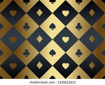 Black and gold seamless pattern fabric poker table. Minimalistic casino vector background rhomb texture card symbol. Wrapping paper texture