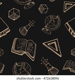 black and gold seamless pattern with school  items