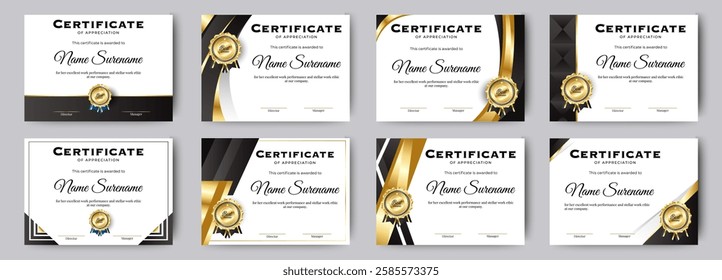 Black and gold set certificate of achievement template for business, award, and education. Collection of modern and luxury diplomas with badge vector illustration