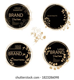 Black and gold. Set of label templates in flat minimal style with herbs elements. Vector, isolated illustration design.