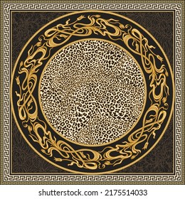 Black and gold shawl with Art Nouveau floral border pattern, leopard skin, iris flower, golden Greek Meander pattern. 4 border pattern brushes in the brush palette