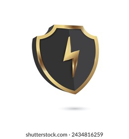 Black and Gold Shield Emblem With Lightning Bolt Design on White Background. Shield with thunderbolt as power sign. Vector illustration. 