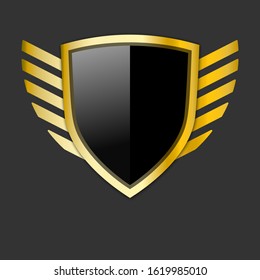 black and gold shield with wings symbol. Protection emblem