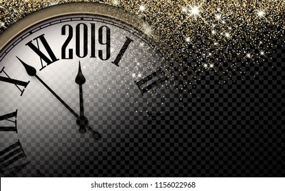 Black and gold shiny 2019 New Year transparent background with blurred round clock. Vector illustration.