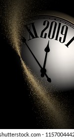 Black and gold shiny 2019 New Year background with clock. Beautiful Christmas greeting card or decoration. Vector illustration.
