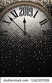 Black and gold shiny 2019 New Year transparent background with blurred round clock. Vector illustration.
