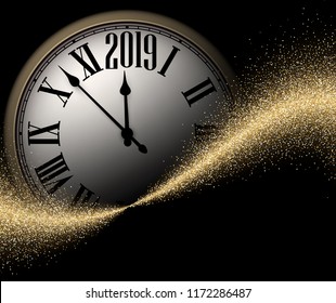 Black and gold shiny 2019 New Year background with round clock. Beautiful Christmas greeting card or decoration. Vector illustration.
