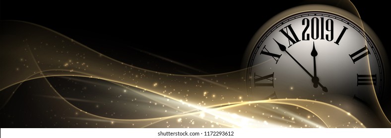 Black and gold shiny 2019 New Year banner with round clock. Beautiful Christmas template. Vector illustration.