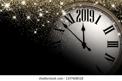 Black and gold shiny 2019 New Year background with clock. Beautiful Christmas greeting card. Vector illustration.
