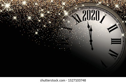 Black and gold shiny 2020 New Year background with clock. Beautiful Christmas greeting card. Vector illustration.