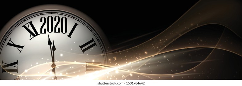 Black and gold shiny 2020 New Year banner with round clock. Beautiful Christmas template. Vector illustration.