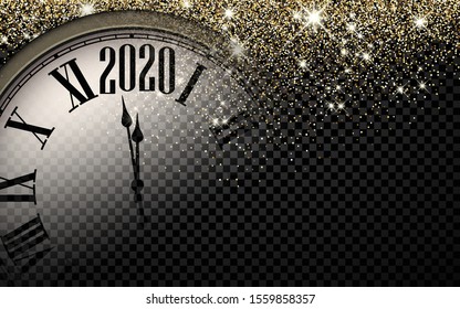 Black and gold shiny 2020 New Year transparent background with blurred round clock. Vector illustration.