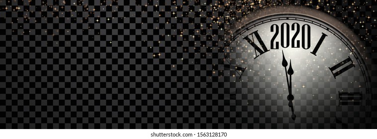 Black and gold shiny 2020 New Year transparent banner with blurred round clock. Vector illustration.