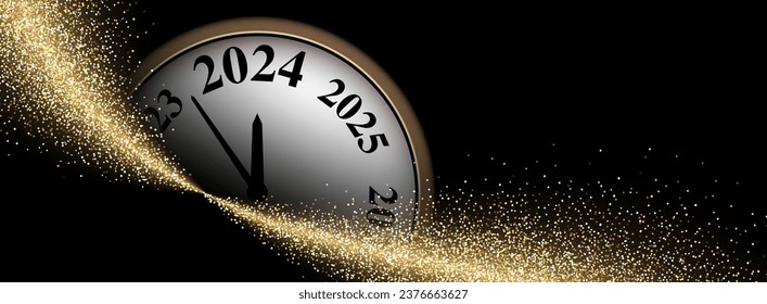 Black and gold shiny 2024 New Year banner with blurred round clock and golden sand. Vector illustration.