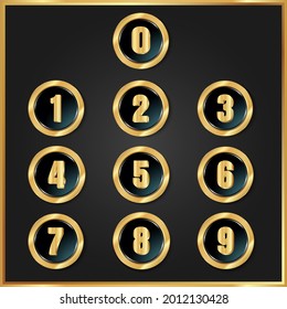 Black and gold shiny number button, vector set circle number