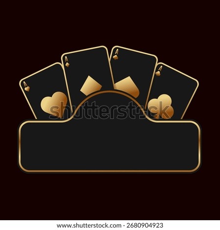 A black and gold sign with space for text and playing cards behind it. Design element for a casino flyer, invitation, business card, or VIP card.