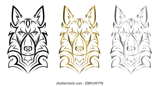 Black gold and silver line art of german shepherd dog head. Good use for symbol, mascot, icon, avatar, tattoo, T Shirt design, logo or any design you want.