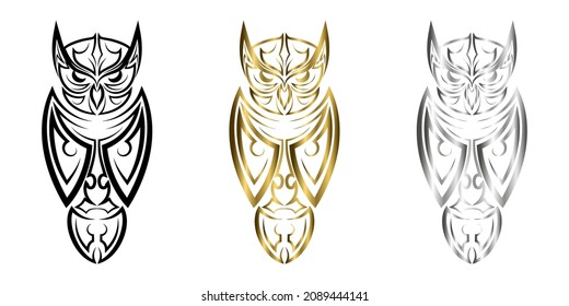Black gold and silver line art of owl. Good use for symbol, mascot, icon, avatar, tattoo, T Shirt design, logo or any design you want.