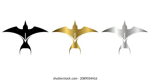 Ilustración del vector de silueta de oro negro y plata sobre un fondo blanco de una golondrina voladora. Adecuado para hacer logotipo.	